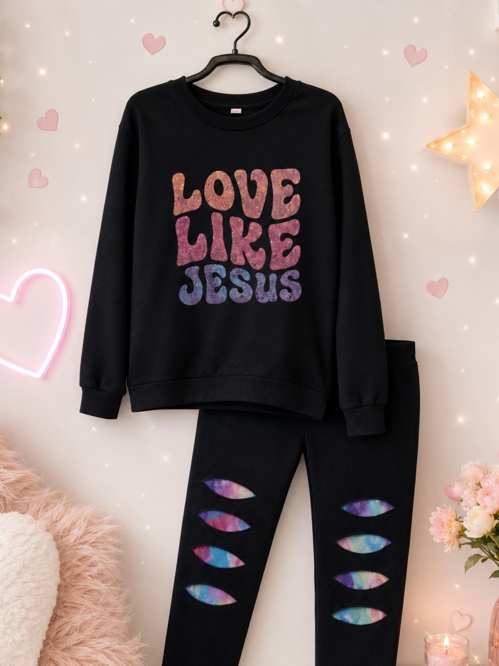 Black Kids Matching Set Multicolor Love Like Jesus Graphic